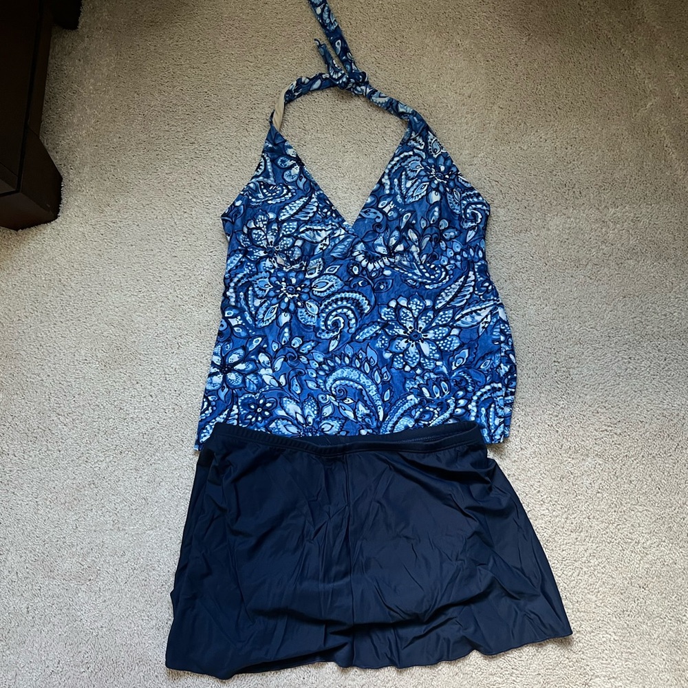 Blue Paisley Halter Tankini Top with Blue swim Shorts